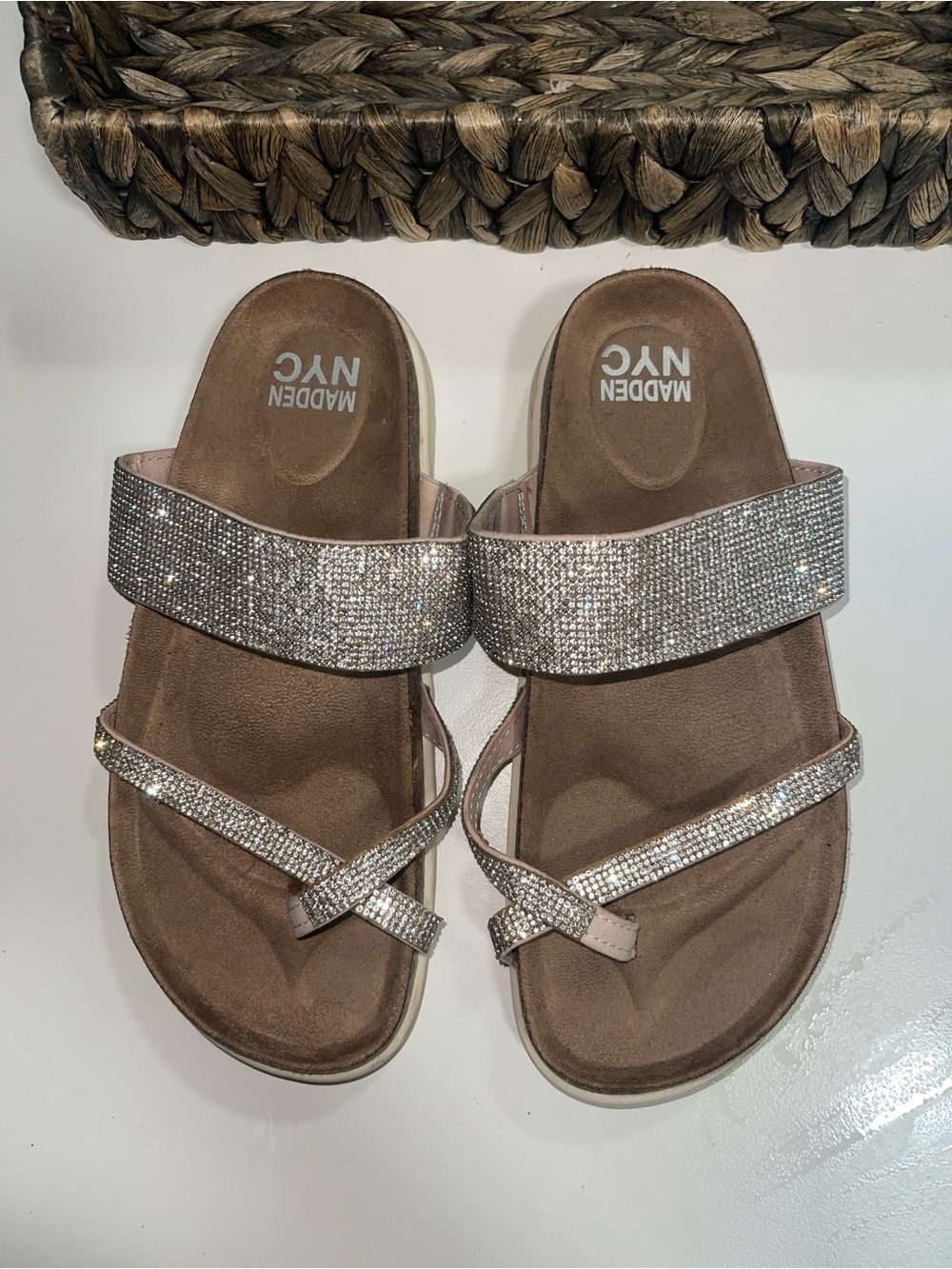 Madden NYC Women's Sparkling Silver Slide Sandal